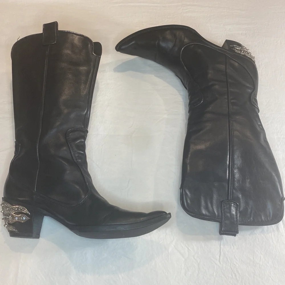 Giuseppe Zanotti Mid Calf Black Leather Cowboy Western Boots Embellished… - Picture 3 of 7